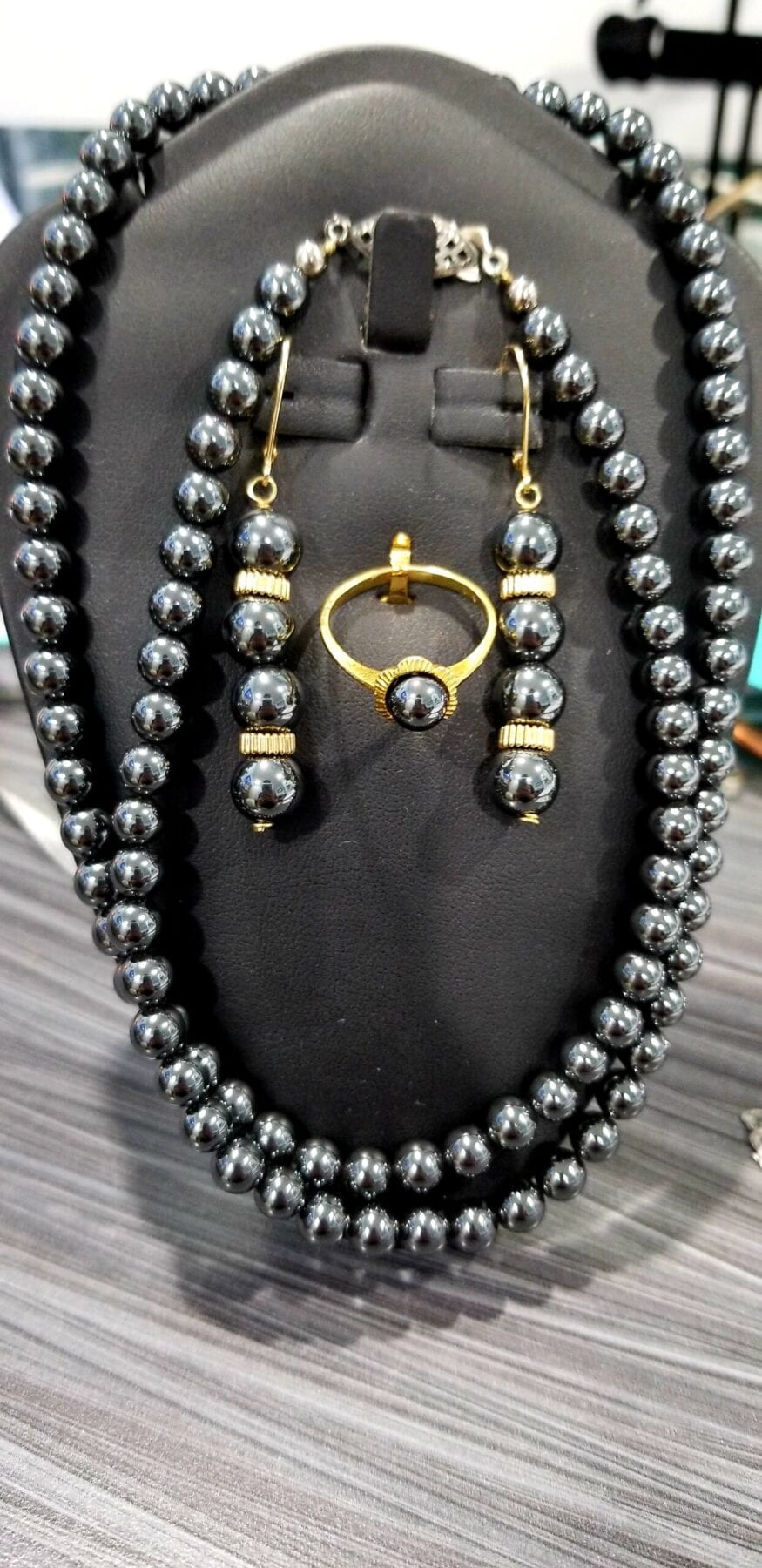 Hemetite Necklce, 14K Gold Ring & Earring Set