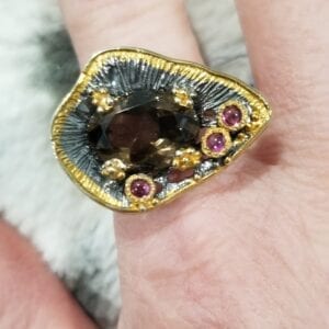 Smokey Quartz, Garnet & Sterling Silver Flower Ring