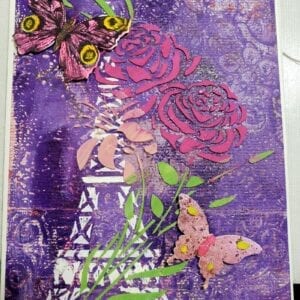paris in purple and pink roses art mixed media greeting card