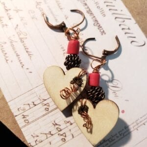 wood heart with handmade tube bead with copper