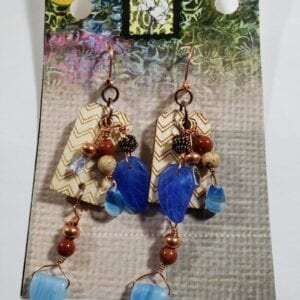 wood tag, jasper, czech in blues drop dangle earrings with lever back