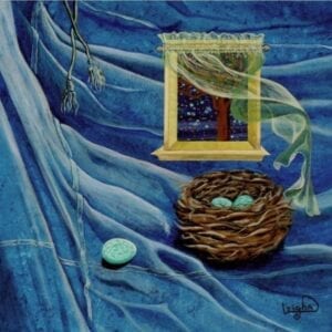Birds nest on flowing fabric