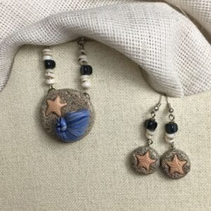 Polymer Clay Necklace and earring set in green, navy blue, and silver