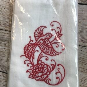 Redwork Bird and Rose Kitchen Towel